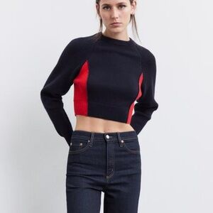 Zara Blue and Red Cropped Crew Neck Sweater